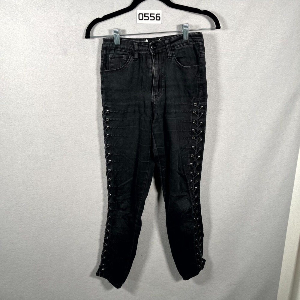 Mono B Jeans Womens 1 Black Denim Criss Cross Side Dark Wash Tapered Leg‎ Casual